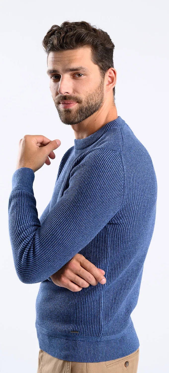 Alain Delon Maglione girocollo blu coste cotone cashmere