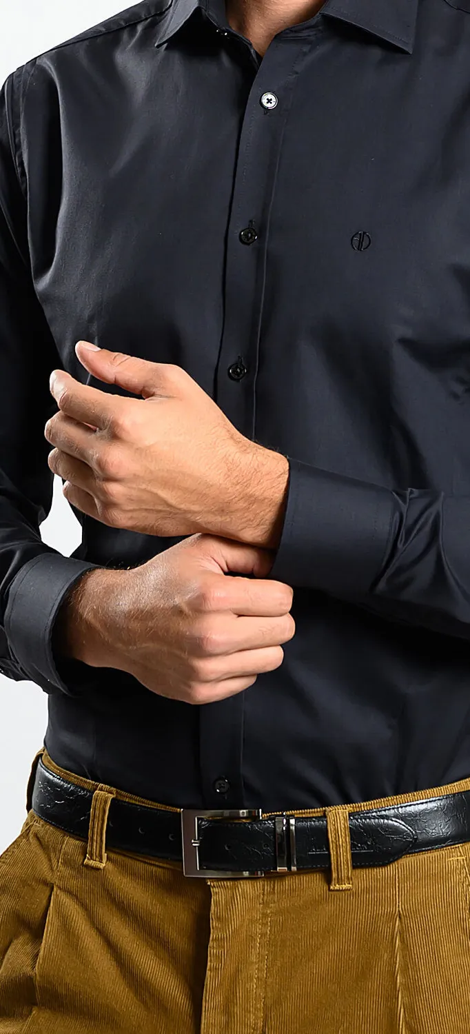 Alain Delon camicia slim fit nera cotone Getzner