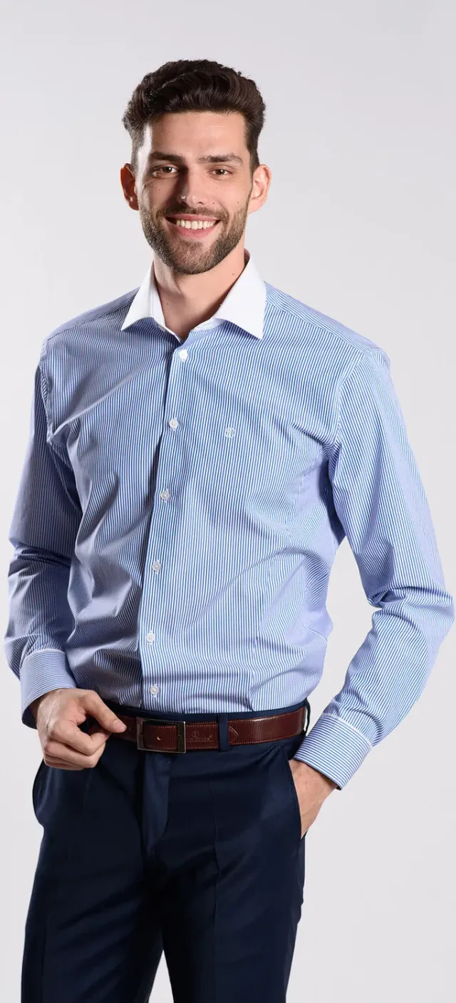 Alain Delon Camicia Blu Rigata Extra Slim Fit Business