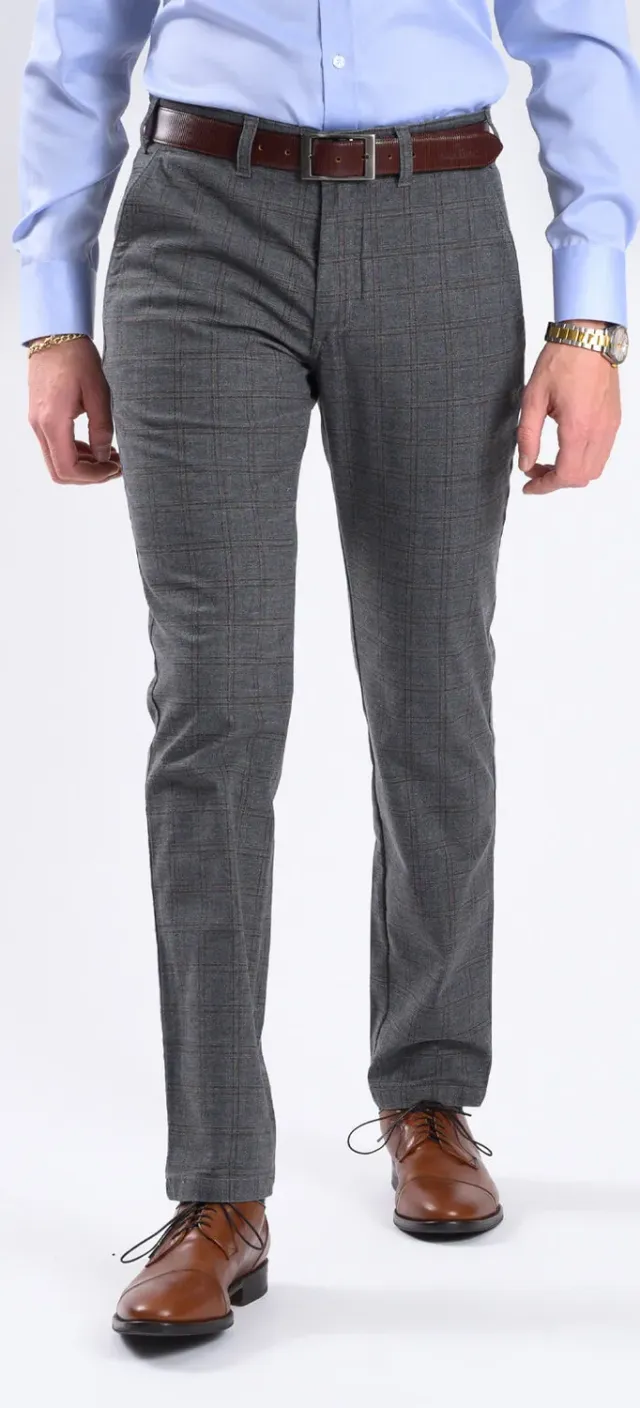 Alain Delon pantaloni chino slim grigi a quadri cotone