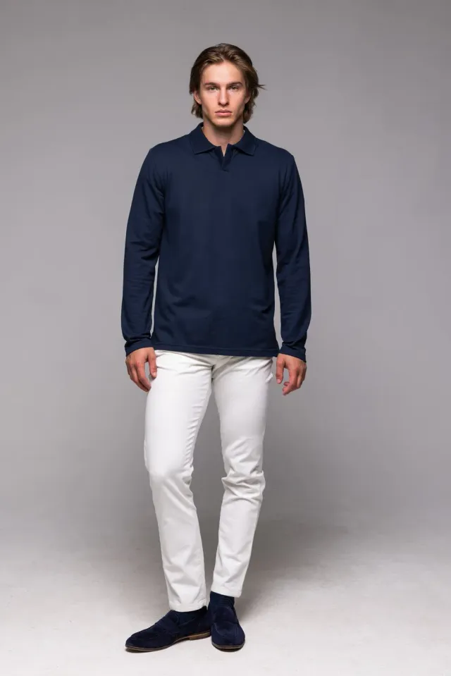 Alain Delon polo manica lunga blu piqué cotone
