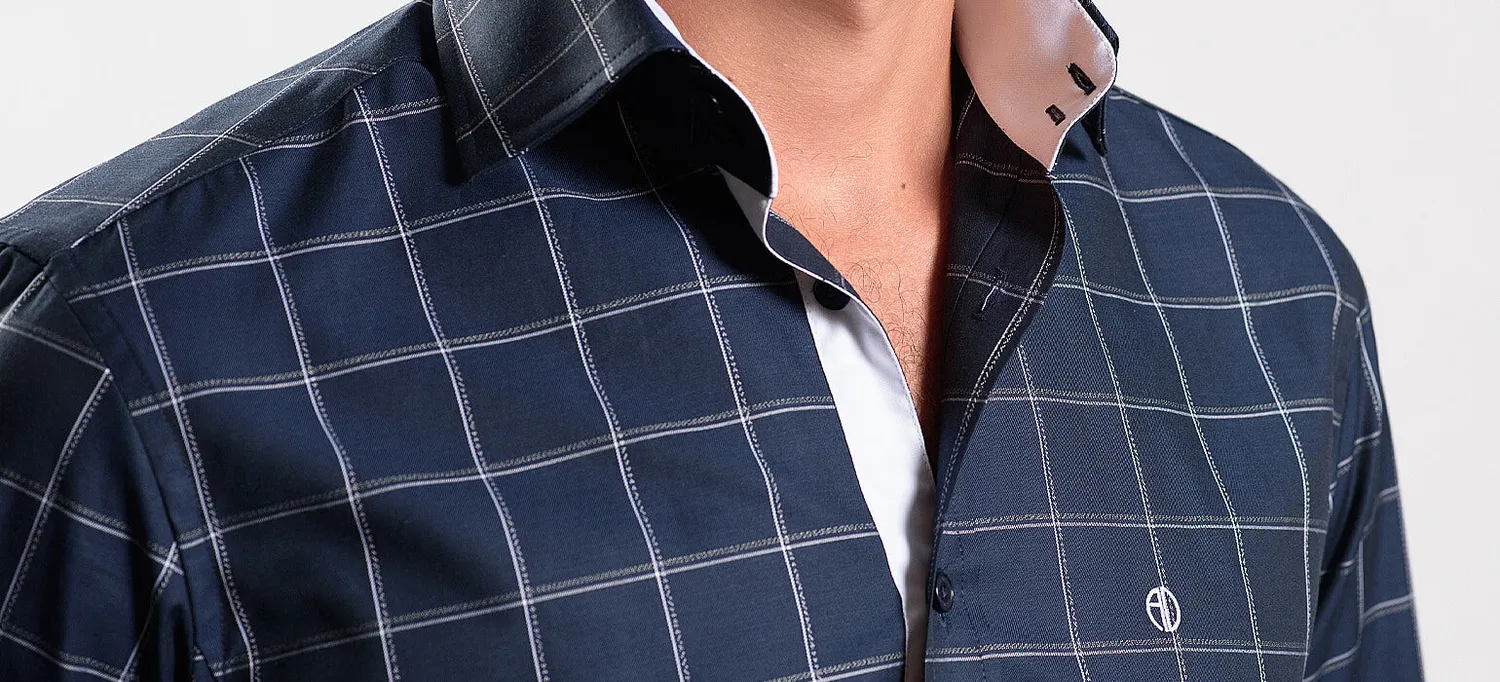 Alain Delon Extra Slim Fit camicia blu quadri collo alto