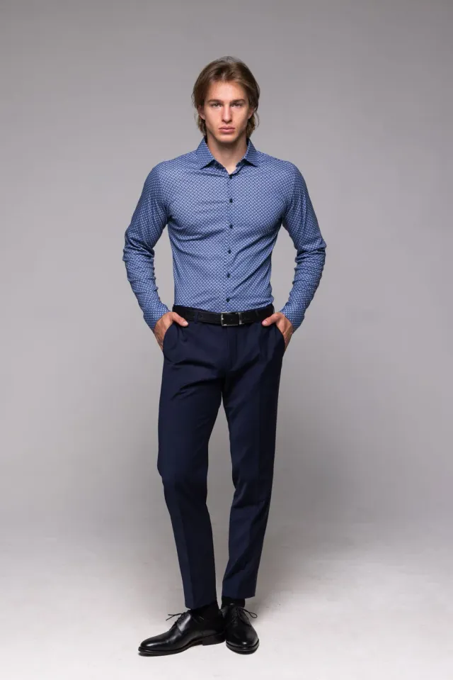 Alain Delon Camicia Uomo Extra Slim Fit Blu Jersey Elasticizzata