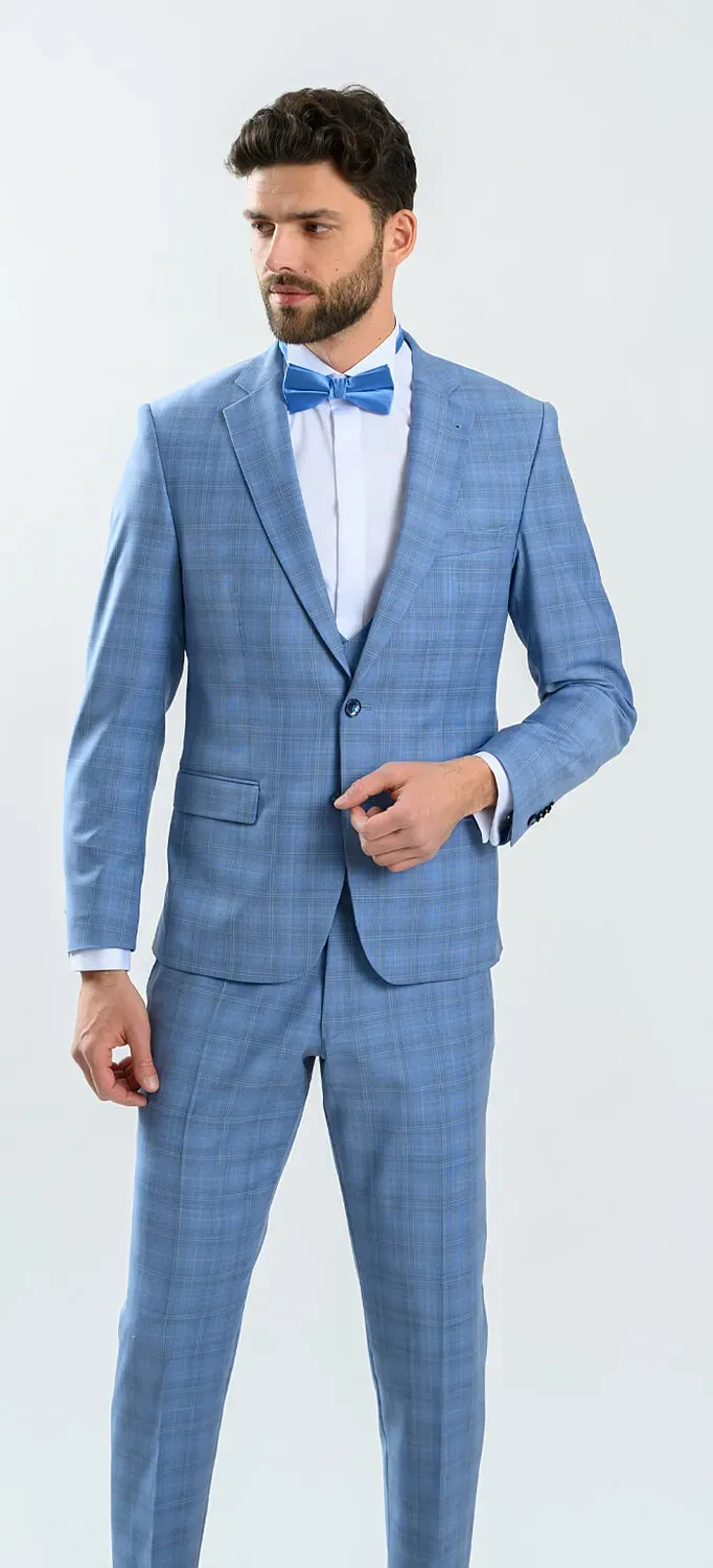 Alain Delon abito azzurro quadri slim gilet