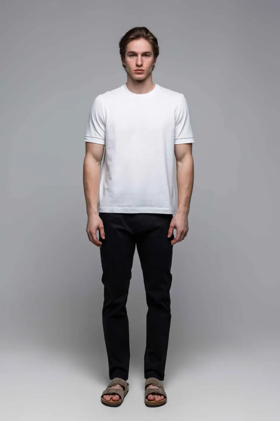 Alain Delon T-Shirt Bianca Cotone Lino Bordi Neri