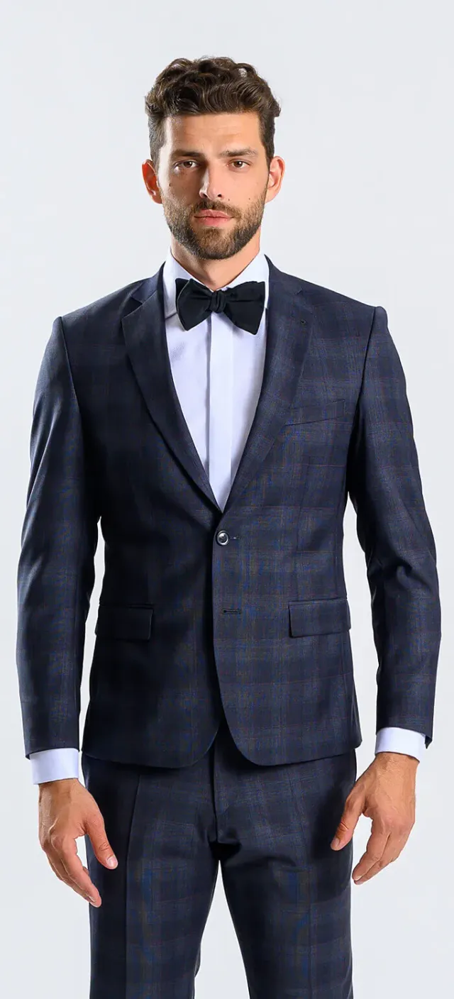 Alain Delon Abito Blu Slim Fit Quadri Bordeaux Misto