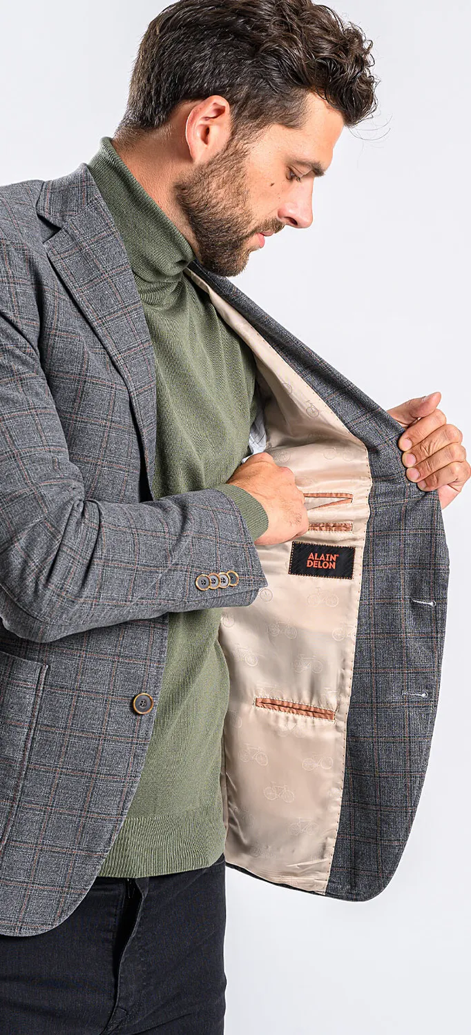 Alain Delon blazer cotone grigio quadri marroni 50