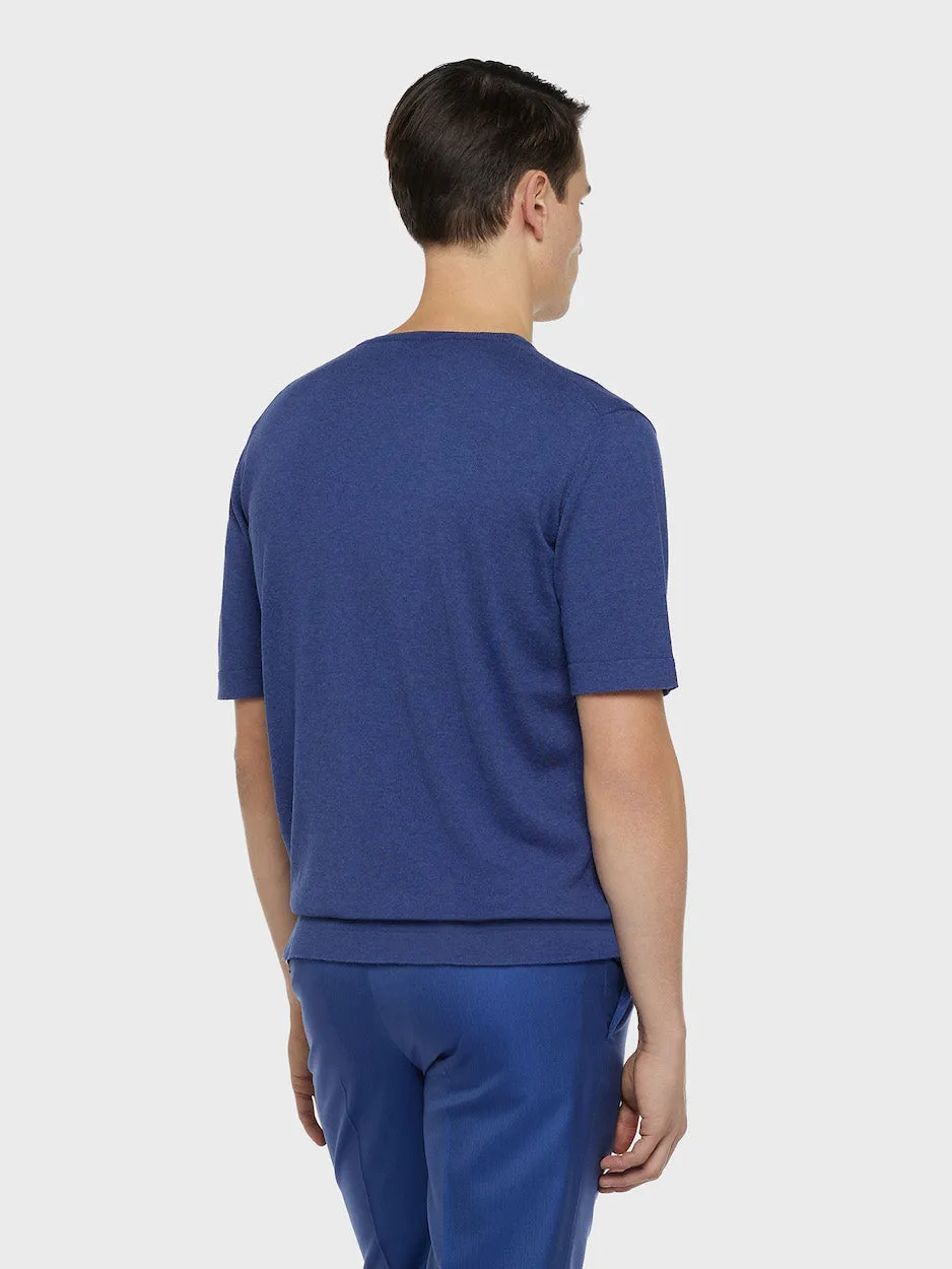 Caruso T-Shirt Maglia Seta Cotone Blu Costine