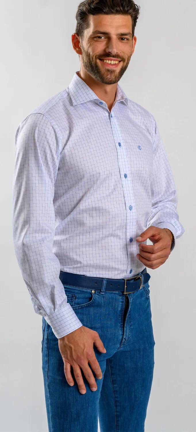 Alain Delon camicia slim fit bianca quadri blu cotone Getzner