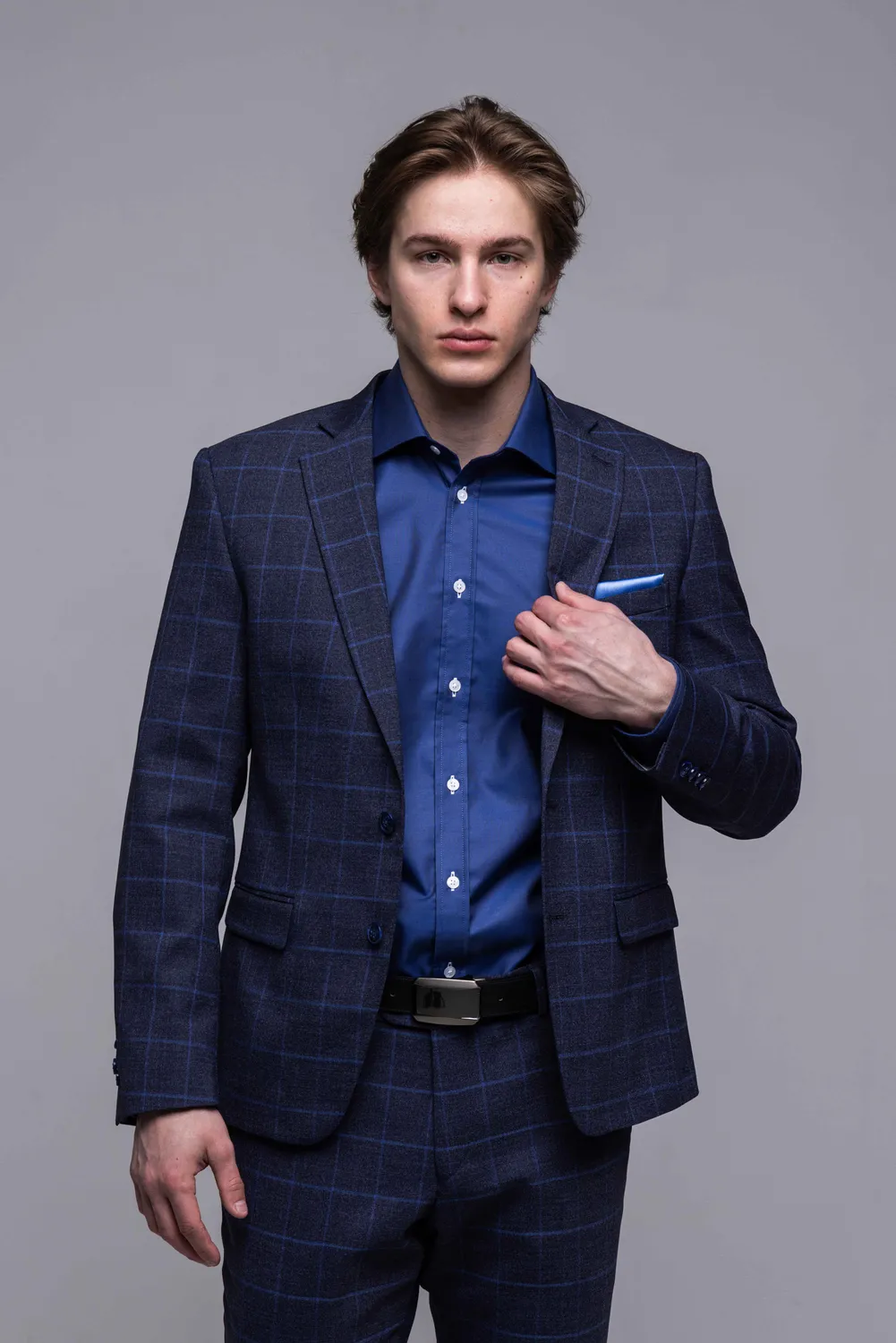 Alain Delon abito slim blu quadri azzurri stretch