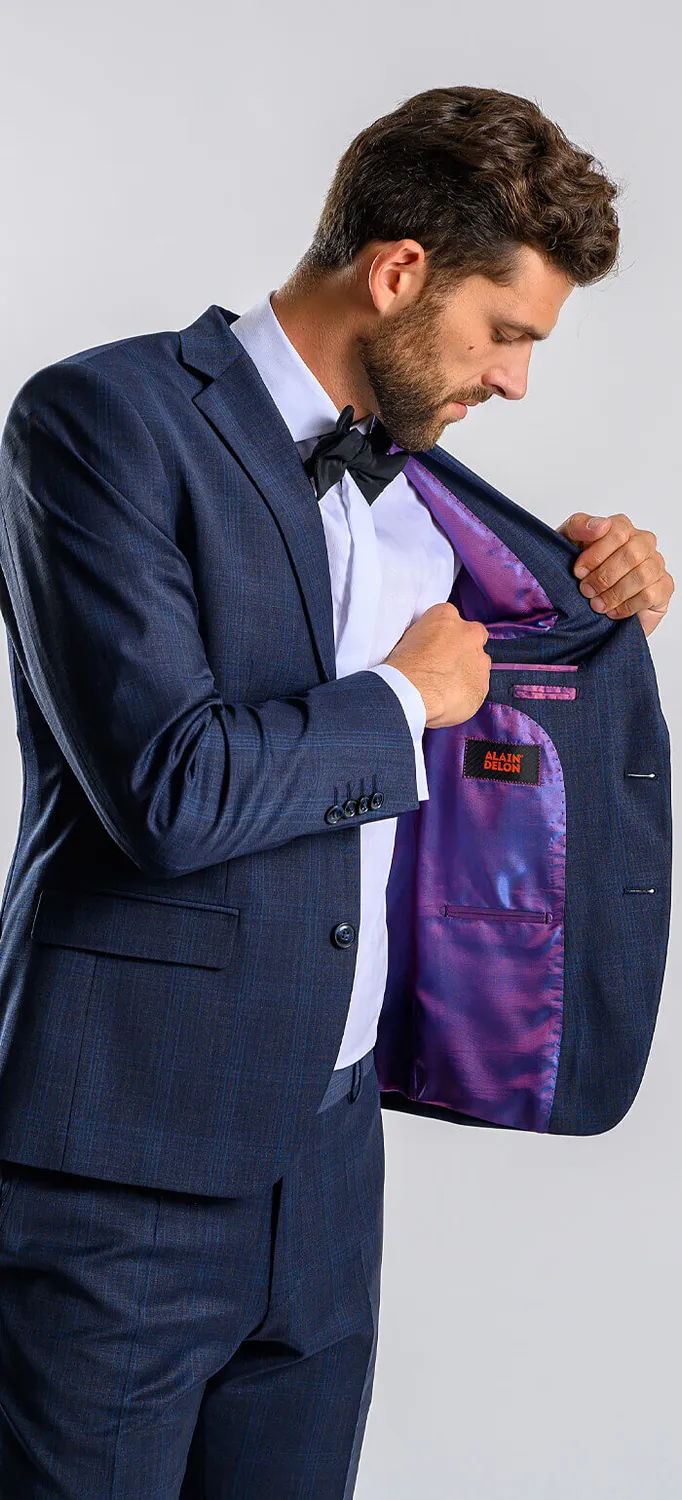 Alain Delon Abito Grigio Slim Fit a Quadri Blu 2 Pezzi