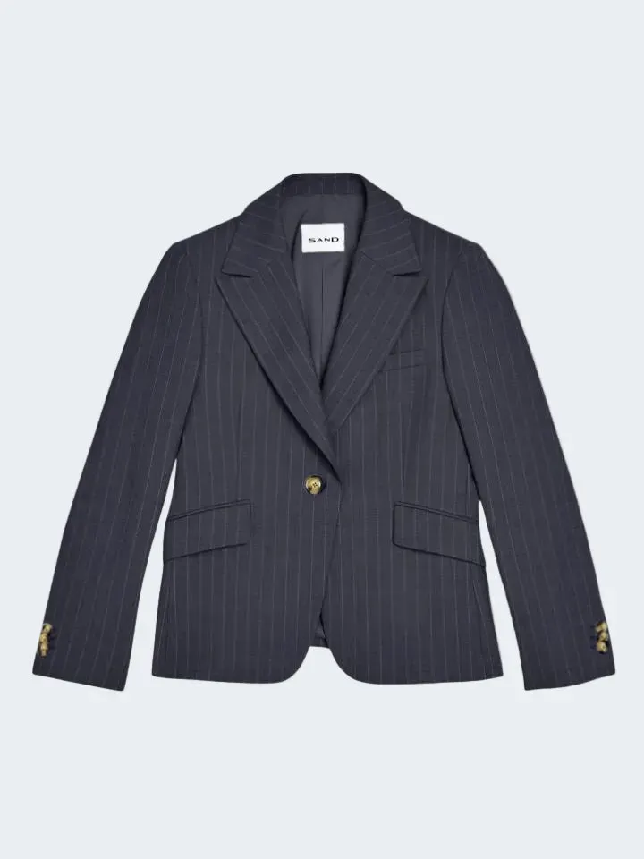 Sand Pinstripe Longer Wool Blazer Blu Navy