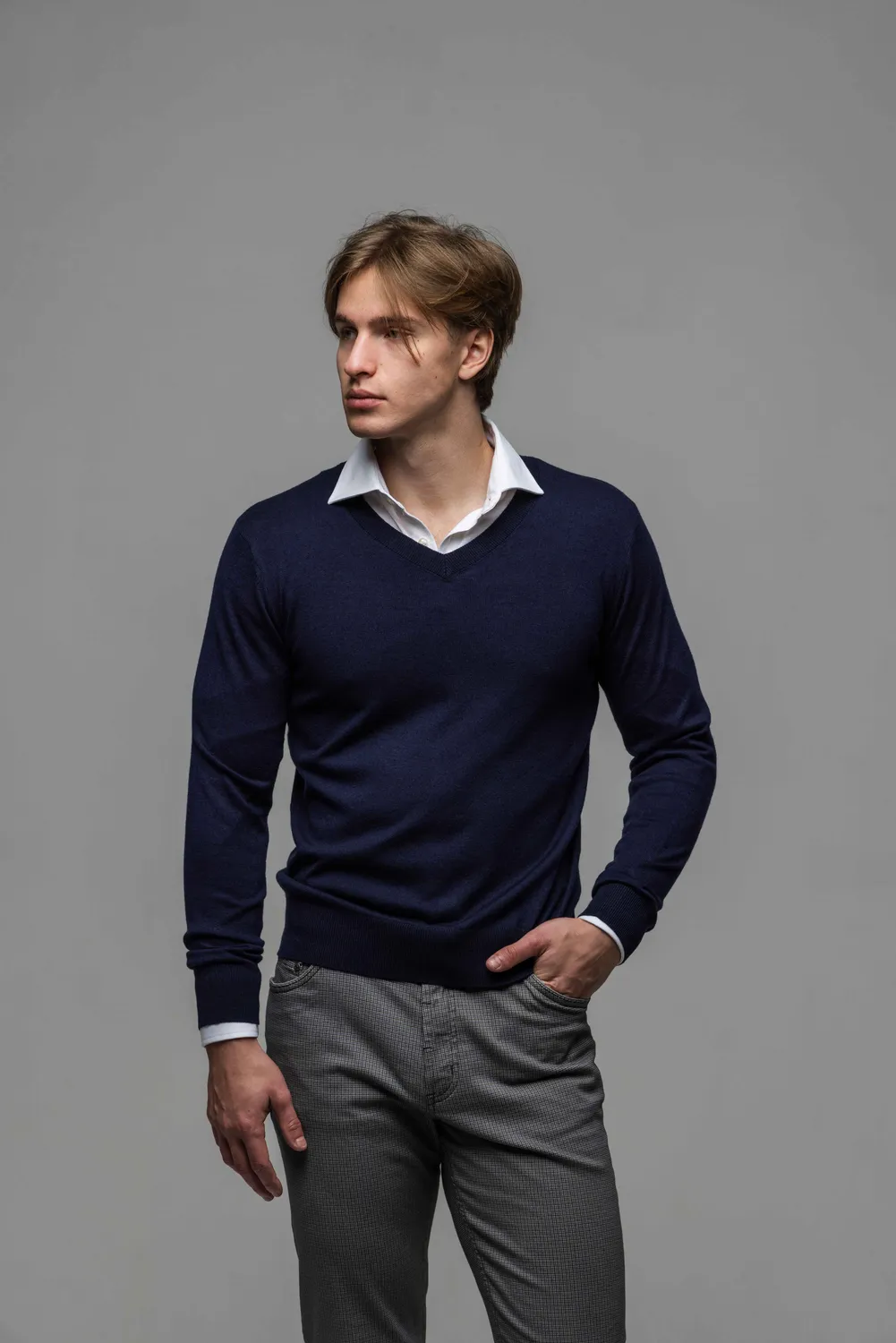 Alain Delon Maglione Lana Blu Scollo V Uomo