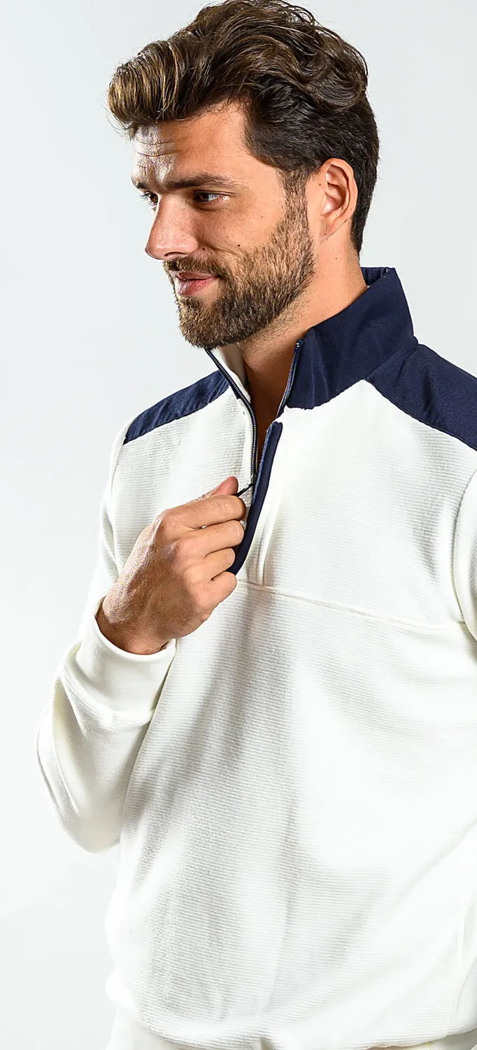 Alain Delon felpa bianca sportiva collo zip blu