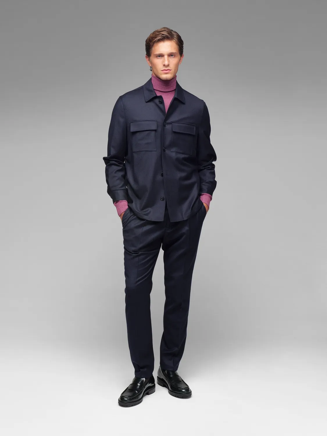Paoloni Overshirt Flanella Lana Stretch Uomo Blu