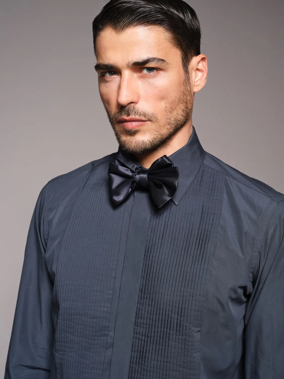 Caruso Butterfly camicia cotone blu plissé gemelli