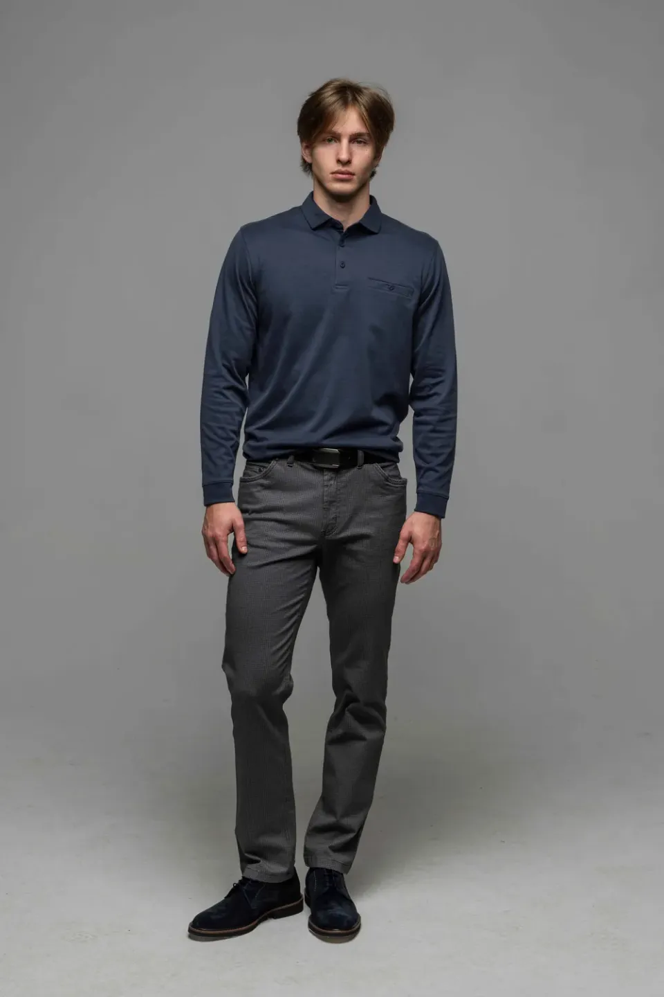 Alain Delon Polo Blu Manica Lunga Uomo Cotone