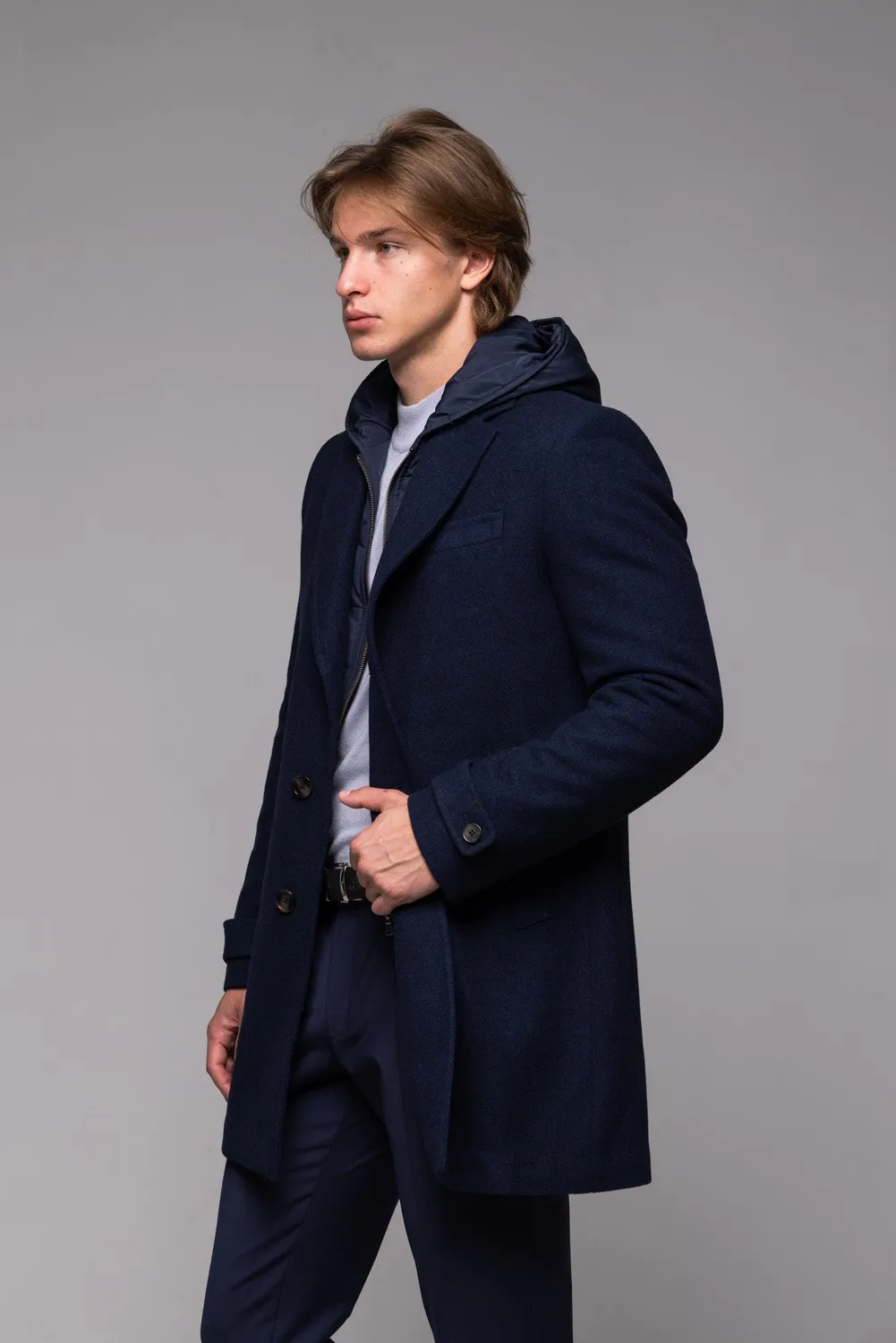 Alain Delon cappotto lana blu slim fit con cappuccio