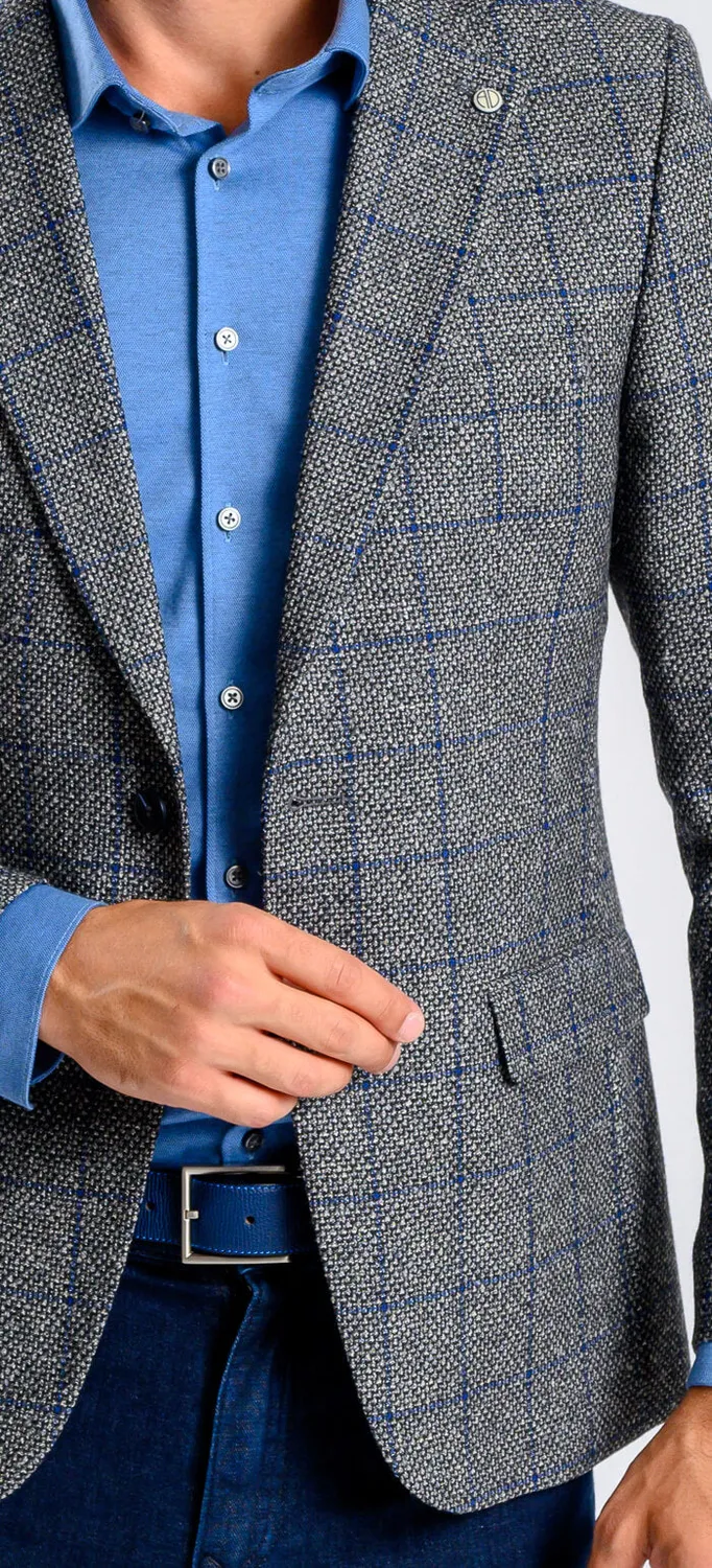 Alain Delon giacca lana grigia quadri blu slim fit
