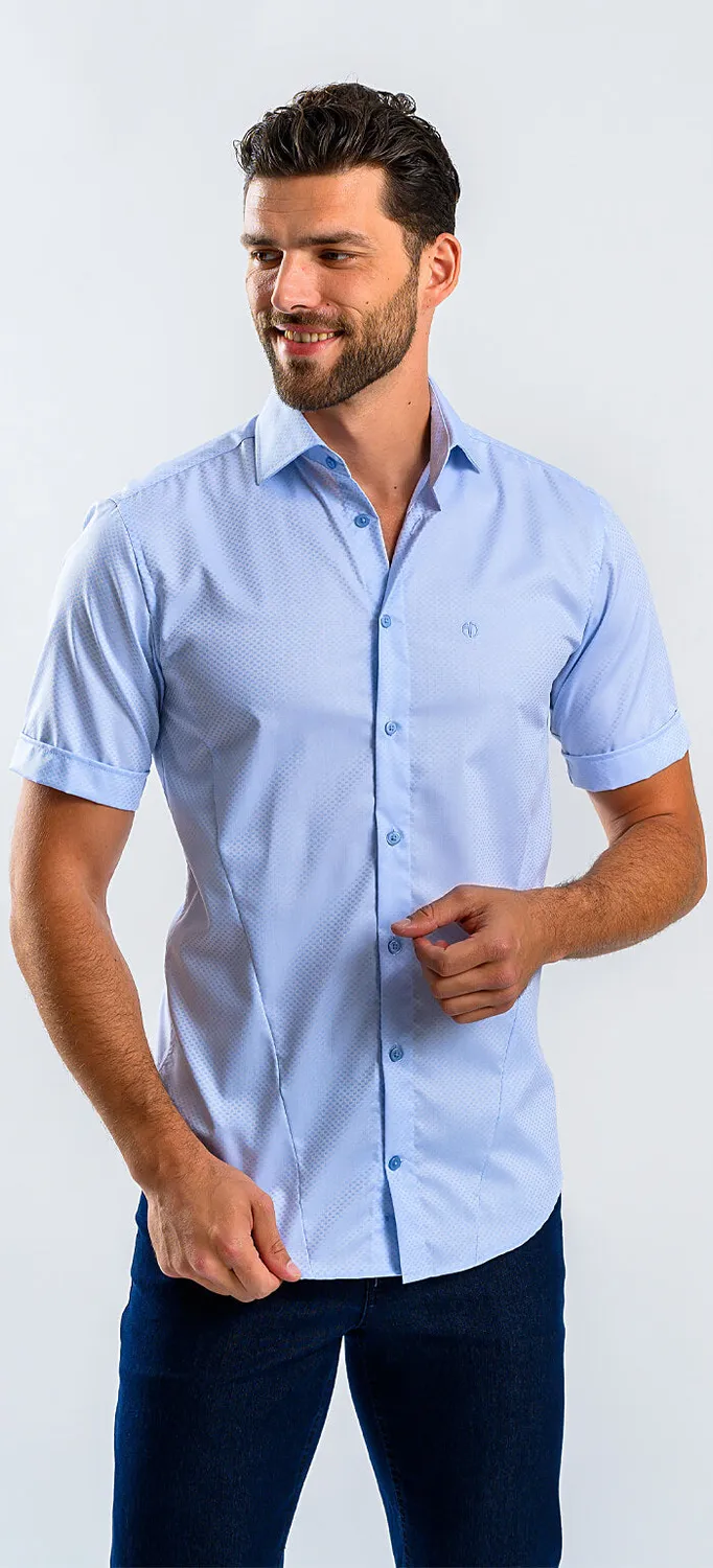 Alain Delon camicia manica corta azzurra extra slim fantasia