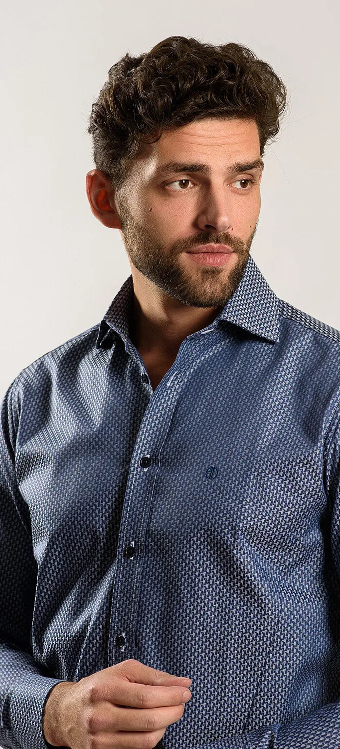 Alain Delon Extra Slim Fit camicia blu navy fantasia argento