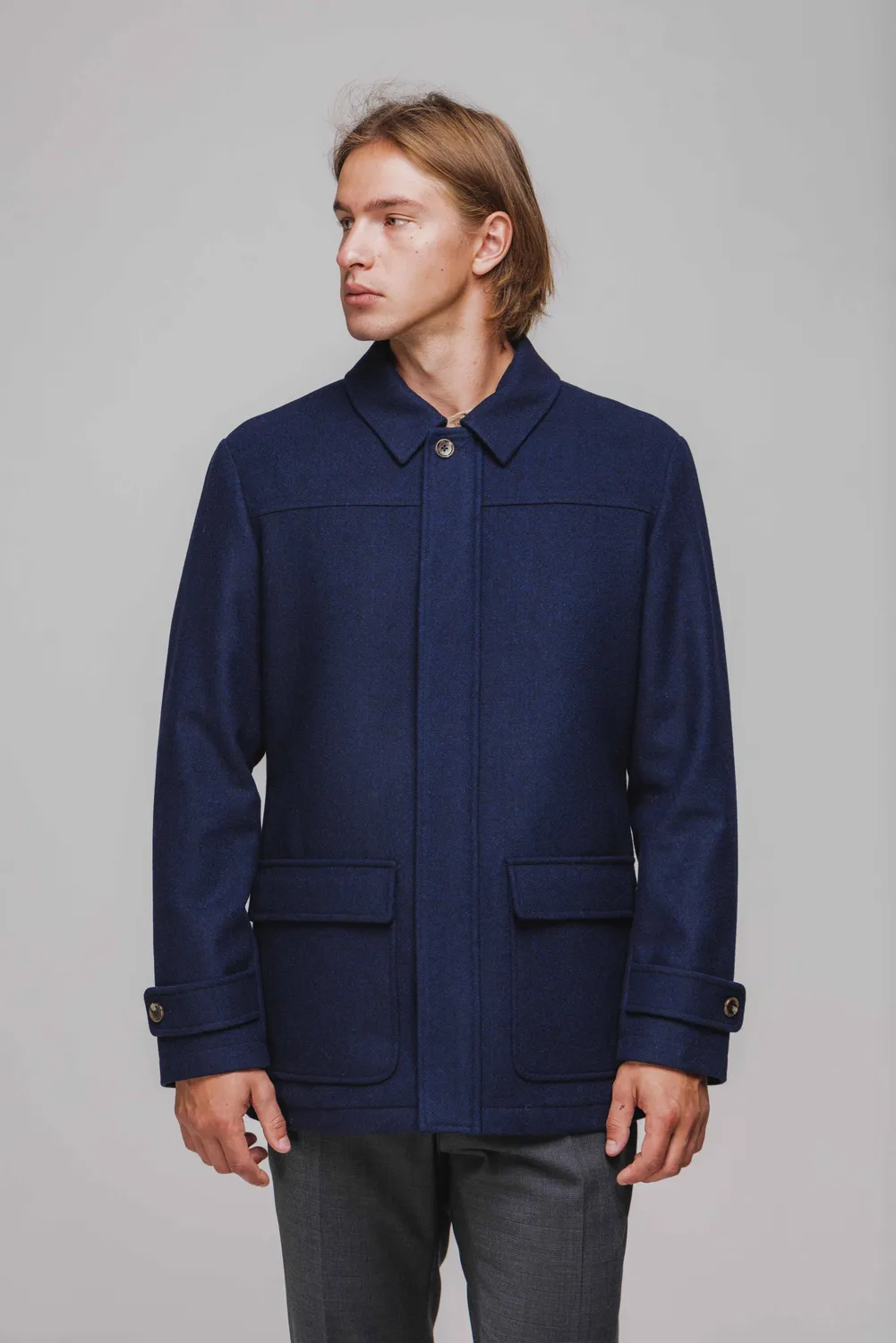 Alain Delon cappotto auto blu in lana con cerniera