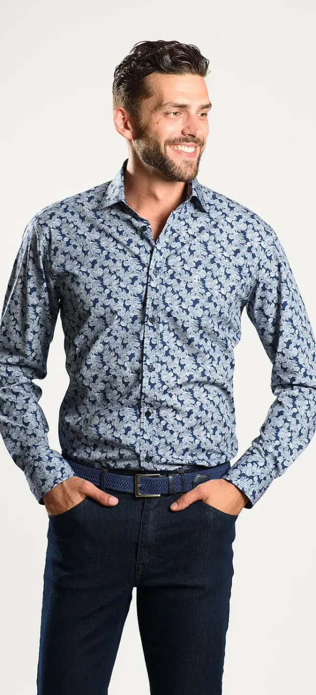 Alain Delon Camicia Extra Slim Blu Fiori Cotone