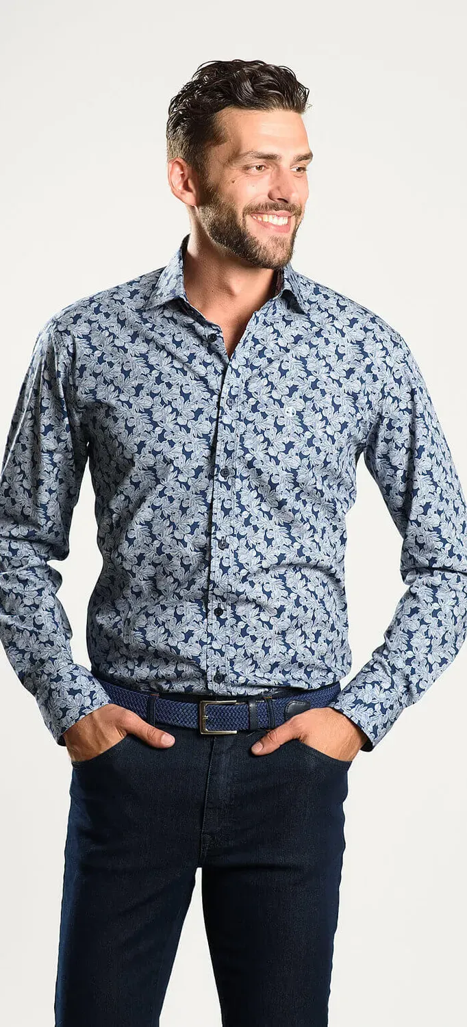 Alain Delon Camicia Extra Slim Blu Fiori Cotone