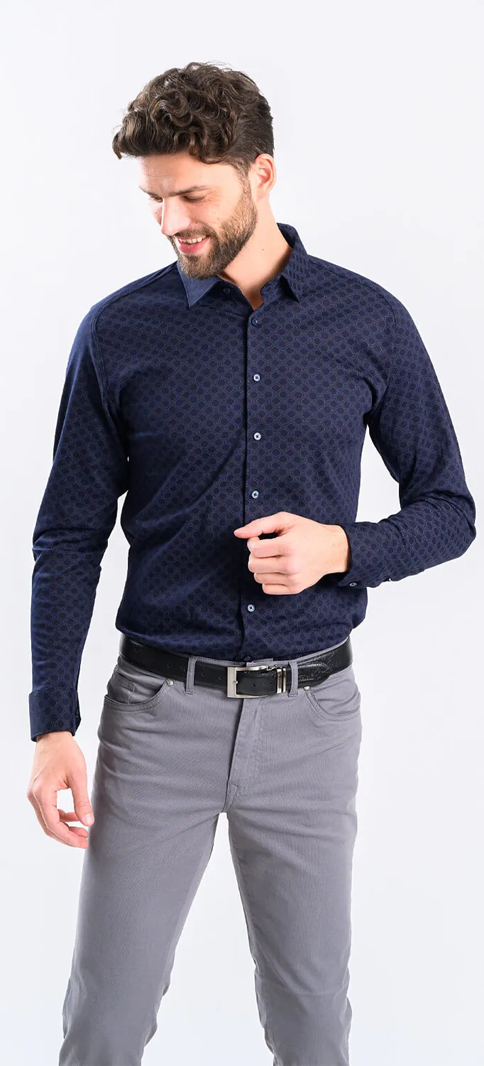Alain Delon camicia extra slim fit blu navy fantasia jersey stretch