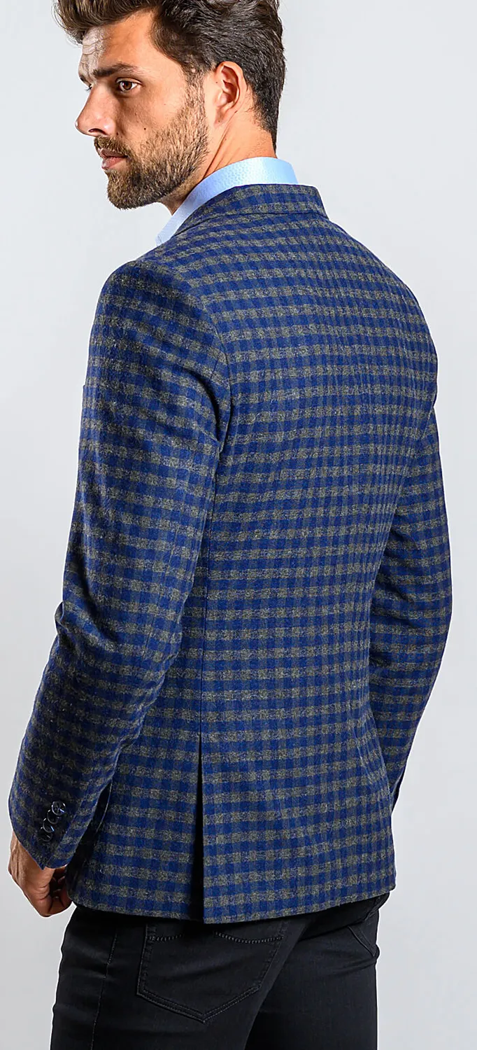 Alain Delon Giacca Verde-Blu a Quadri Lana Slim
