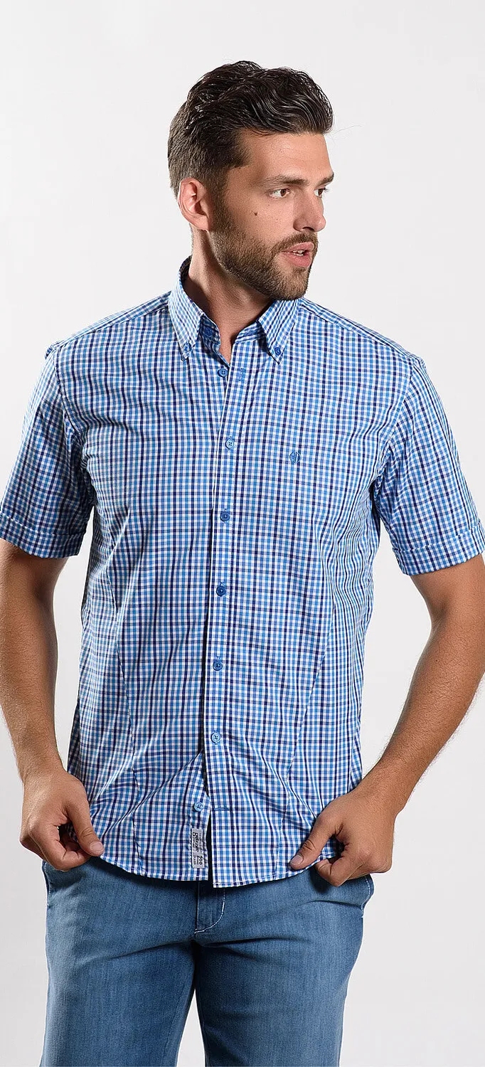 Alain Delon Checked Extra Slim Fit camicia a quadri manica corta blu