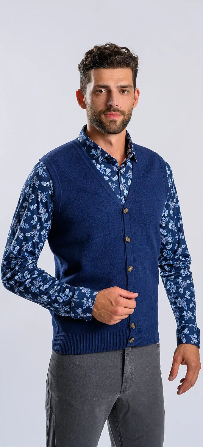 Alain Delon gilet blu bottoni slim fit cotone cashmere