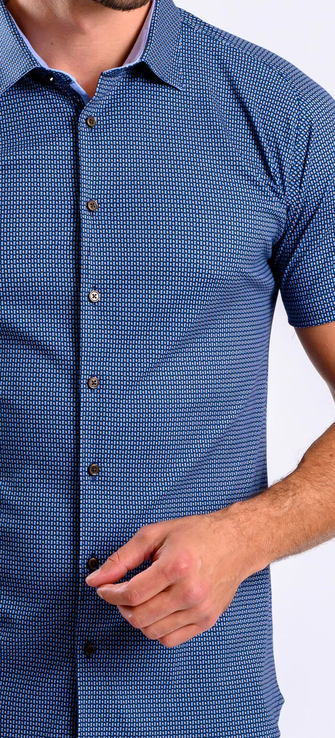Alain Delon camicia manica corta blu stretch fantasia S