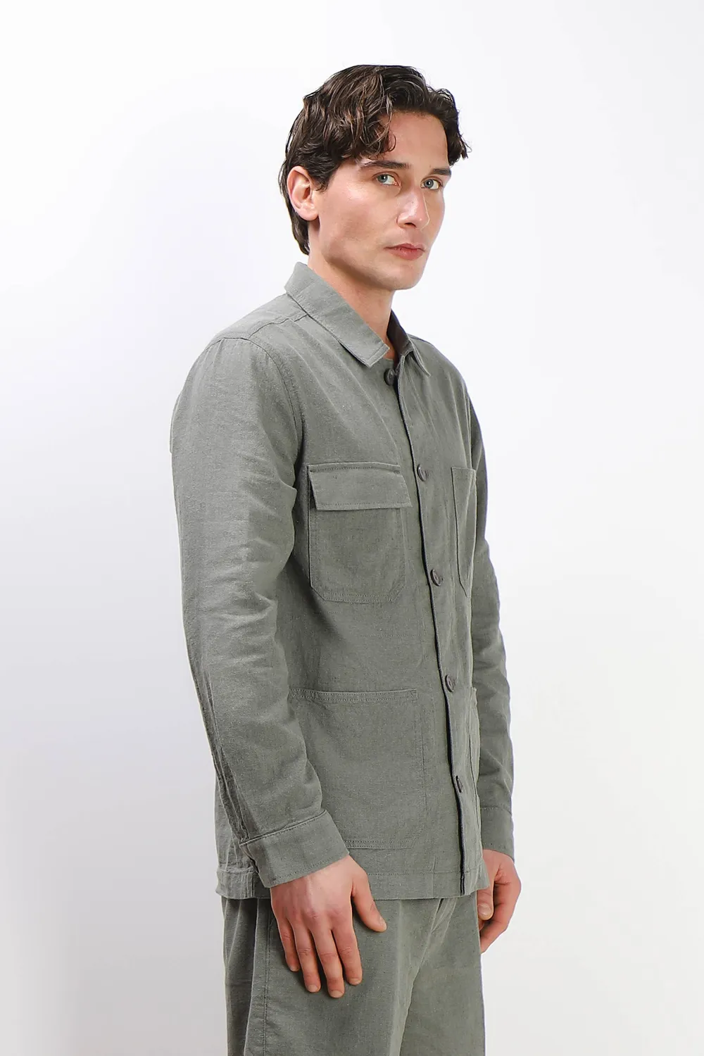Sonny Bono Overshirt Misto Lino Verde Militare Uomo
