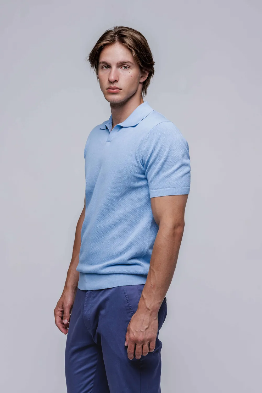 Alain Delon polo maglia azzurra cotone senza bottoni