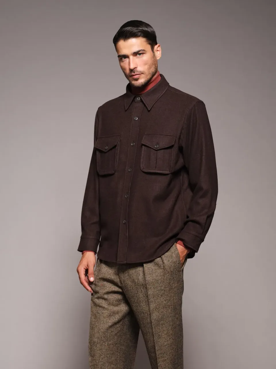 Caruso overshirt lana 180s marrone scuro