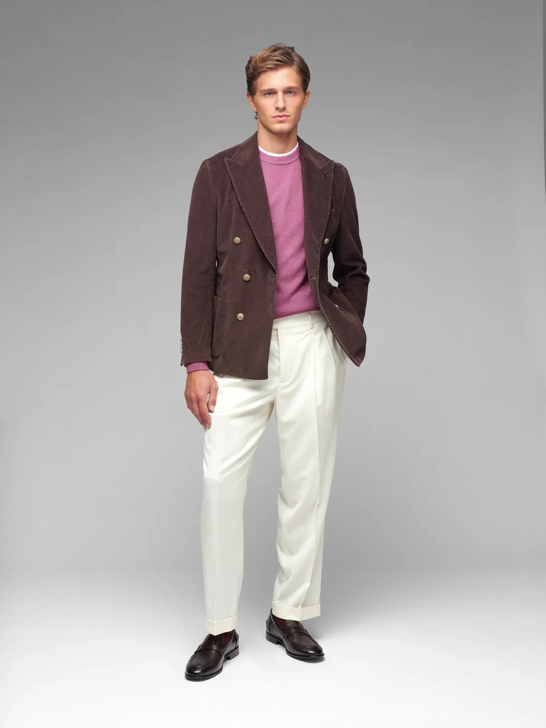 Paoloni Pantalone doppia pinces flanella lana bianco