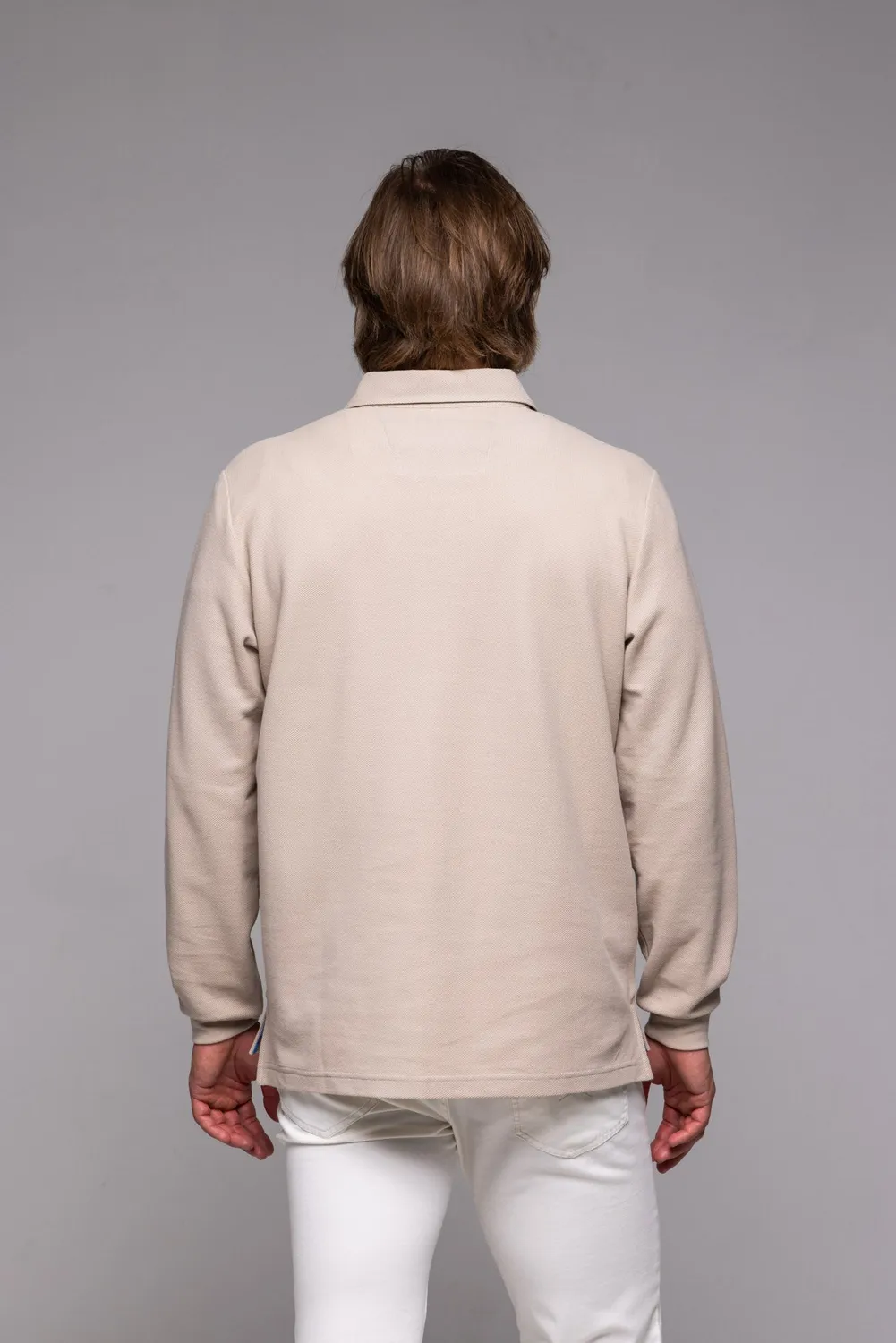 Alain Delon Polo Beige Manica Lunga Cotone Piqué L