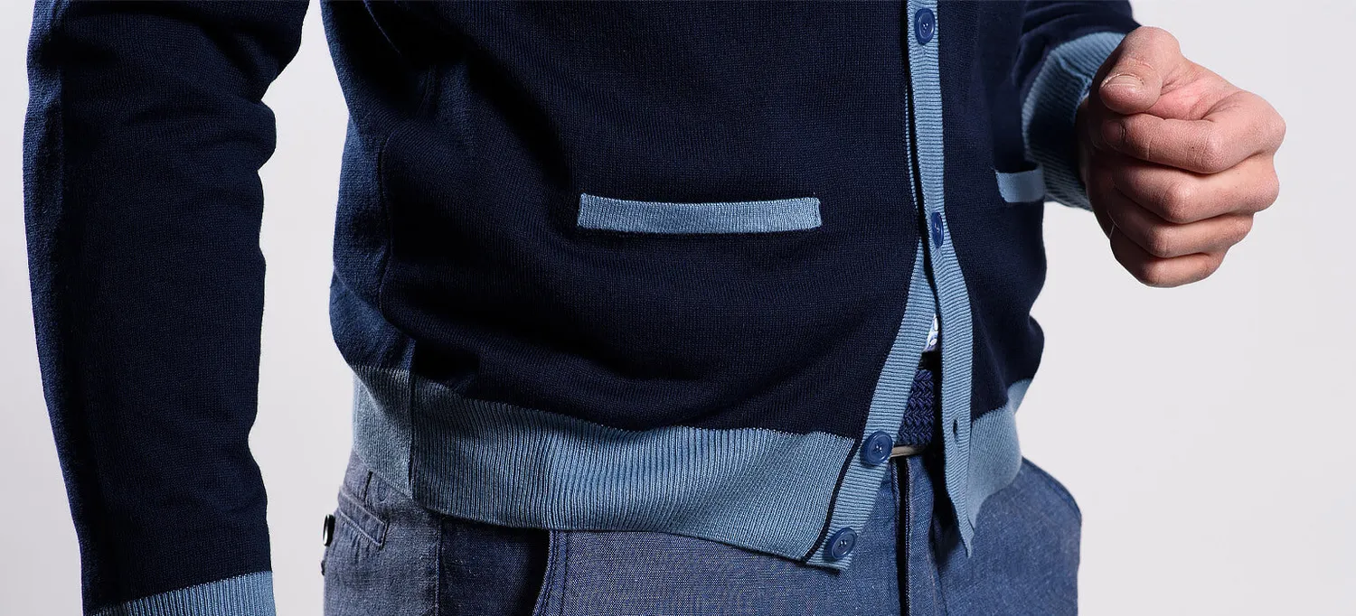 Alain Delon maglione cotone blu navy bordi azzurri