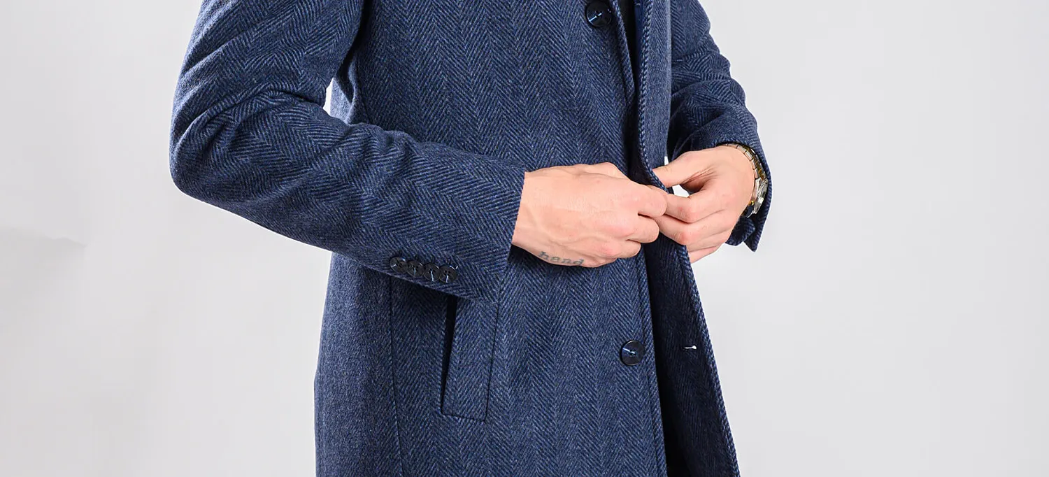 Alain Delon cappotto slim fit blu spigato tasche oblique lana