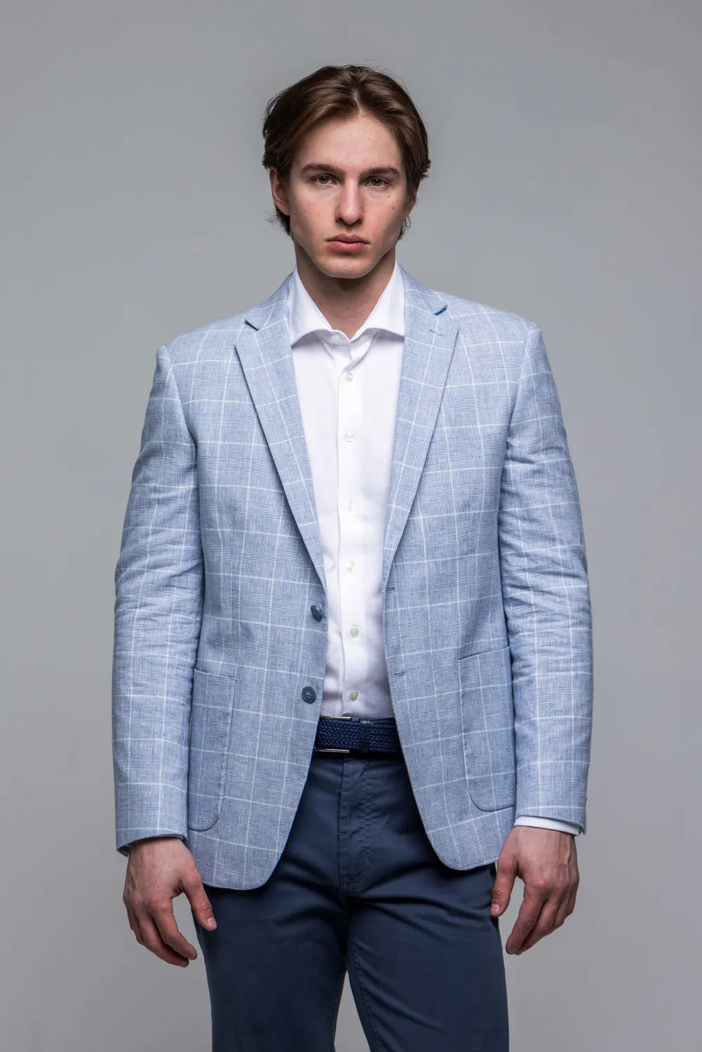 Alain Delon Slim Fit blazer lino azzurro quadri bianchi