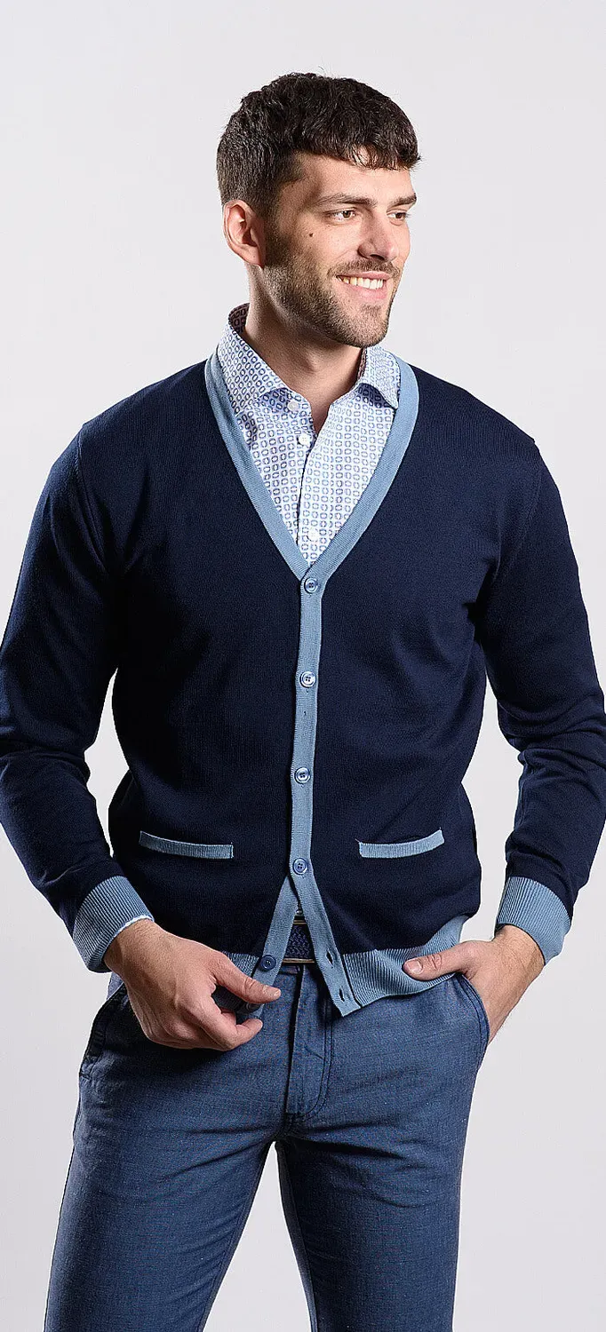 Alain Delon maglione cotone blu navy bordi azzurri