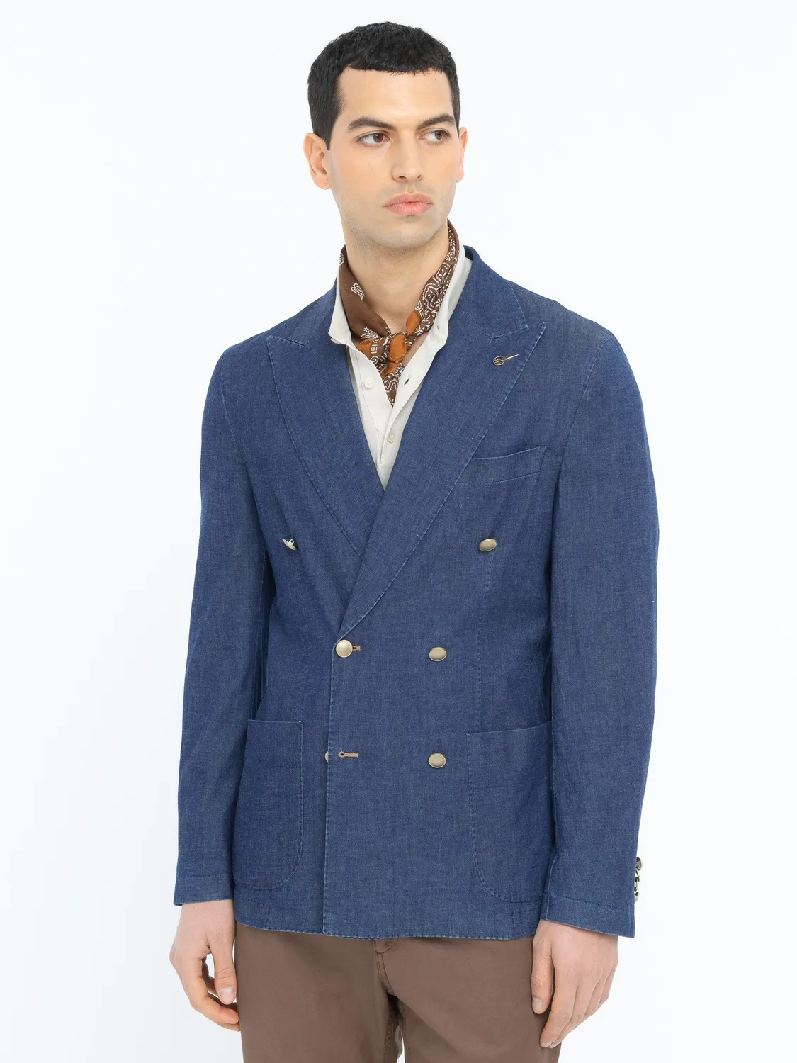 Paoloni Giacca doppiopetto chambray cotone blu