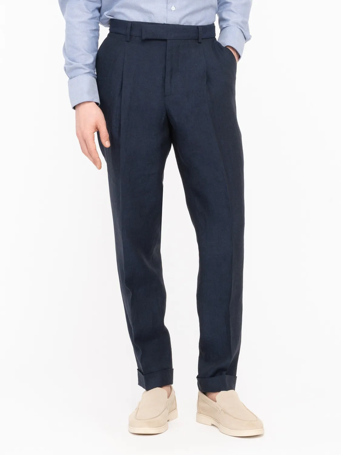 Paoloni Pantalone una Pinces Lino Blu regular fit
