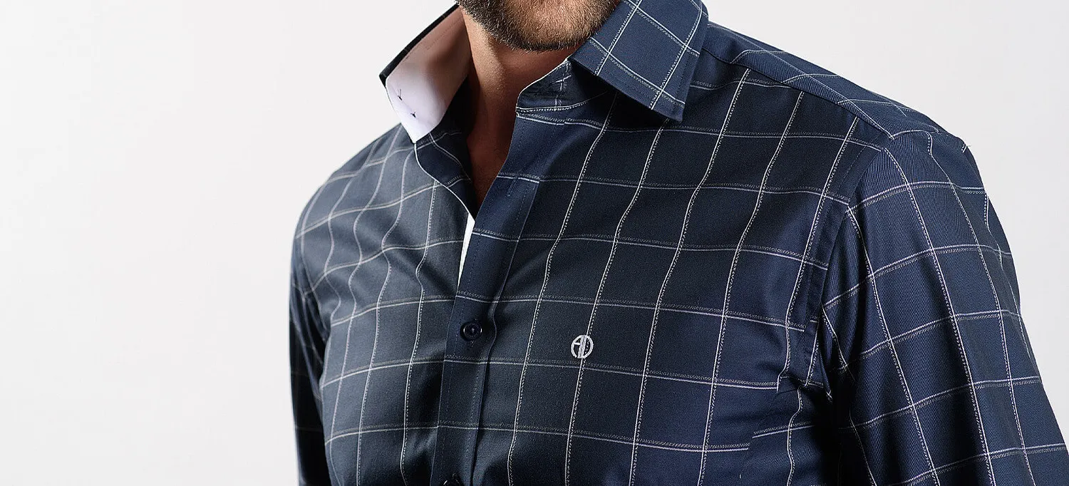 Alain Delon Extra Slim Fit camicia blu quadri collo alto