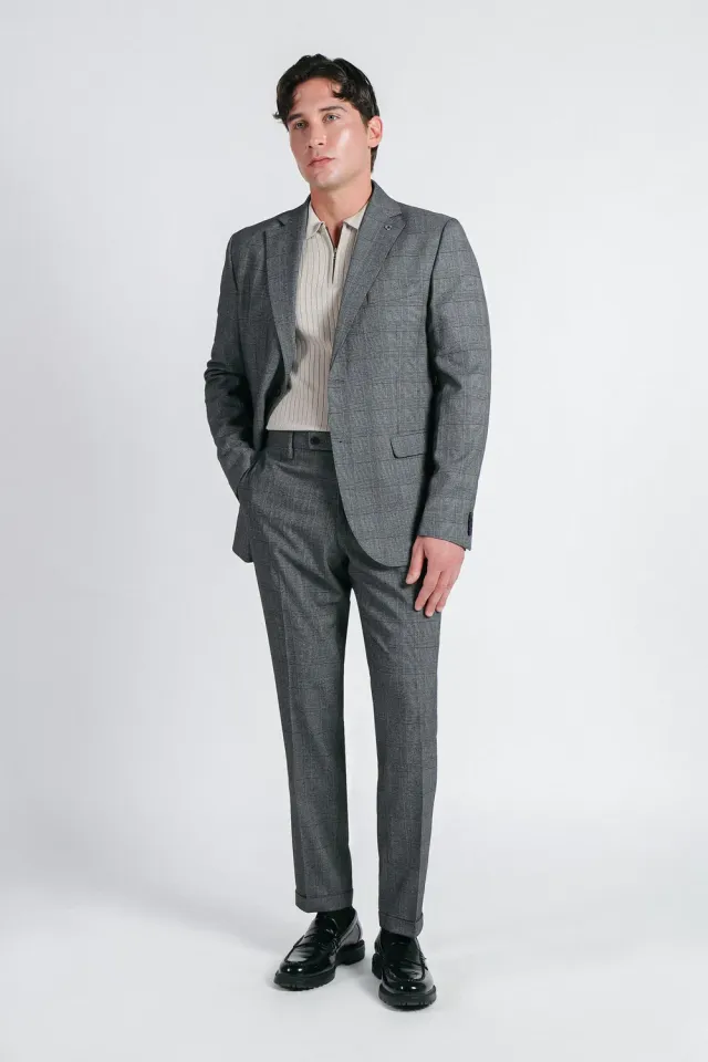 Sonny Bono Pantalone da Abito a Quadri Grigio Comfort Fit