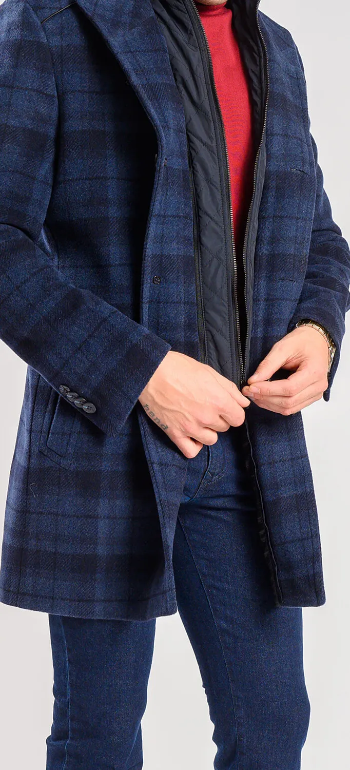 Alain Delon cappotto lana blu quadri fodera removibile