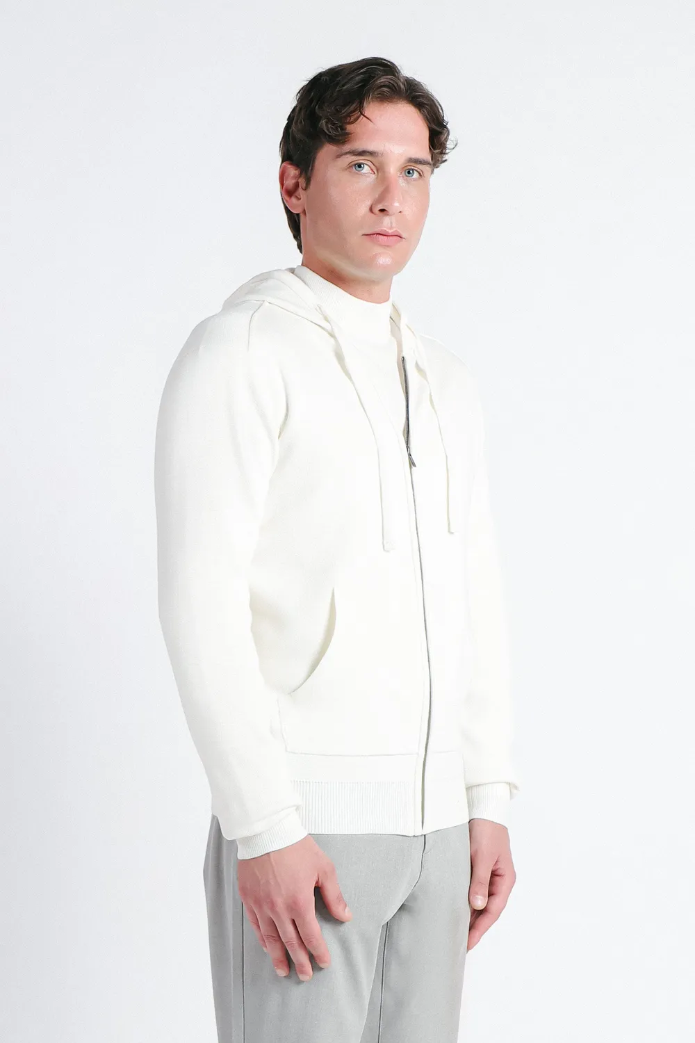 Sonny Bono Maglia Zip Cappuccio Punto Milano Panna