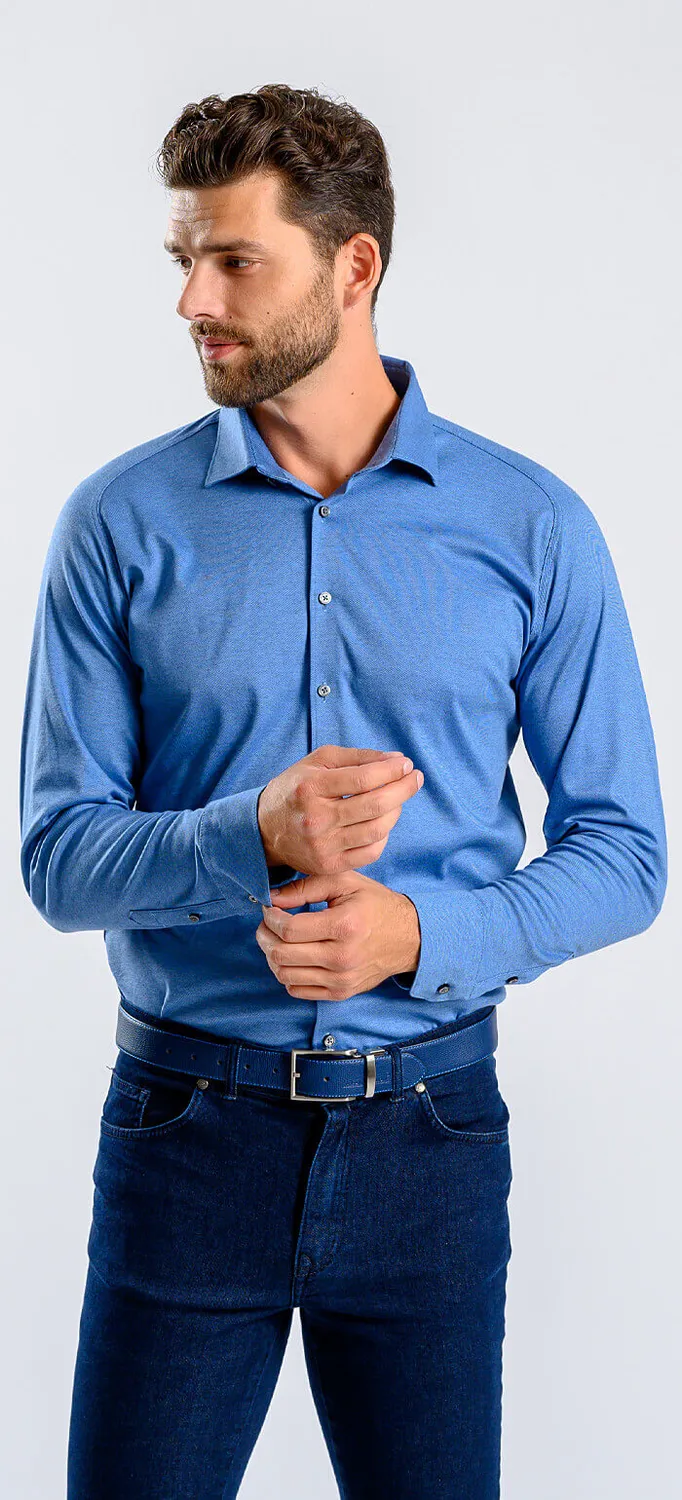 Alain Delon Extra Slim Fit camicia denim blu stretch anti-piega