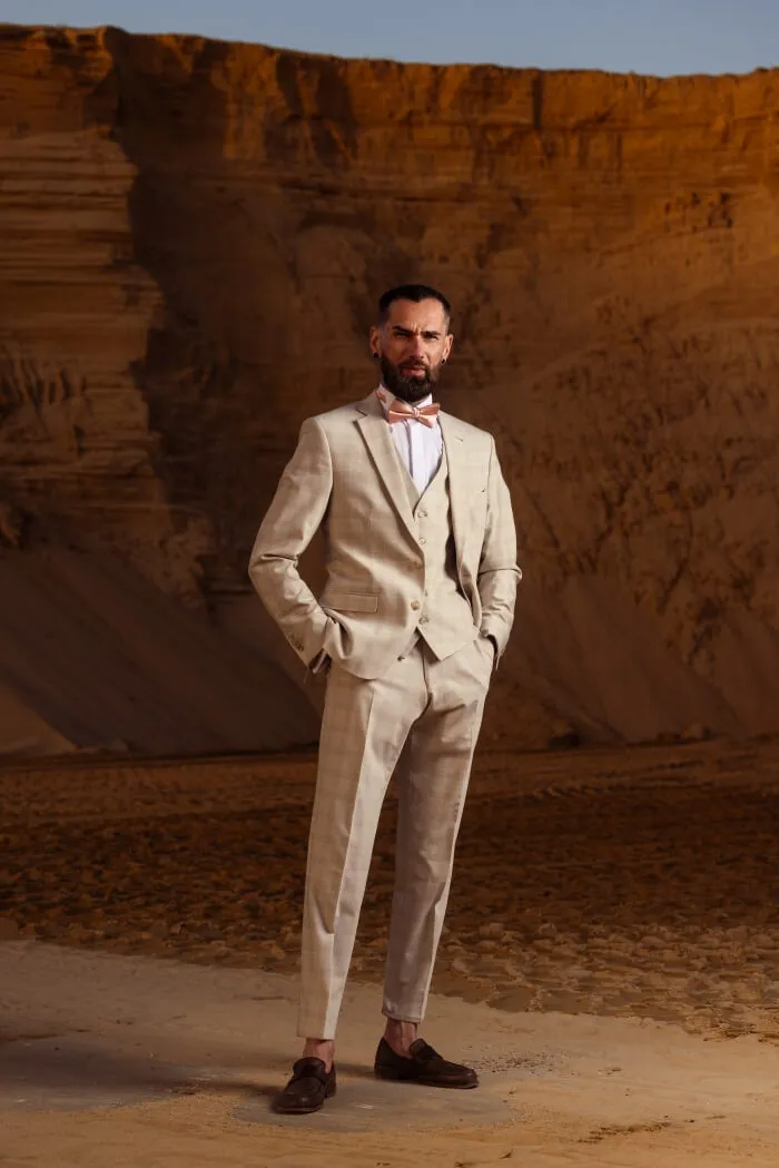 Alain Delon Abito Slim Fit Beige Quadri con Gilet Matrimonio